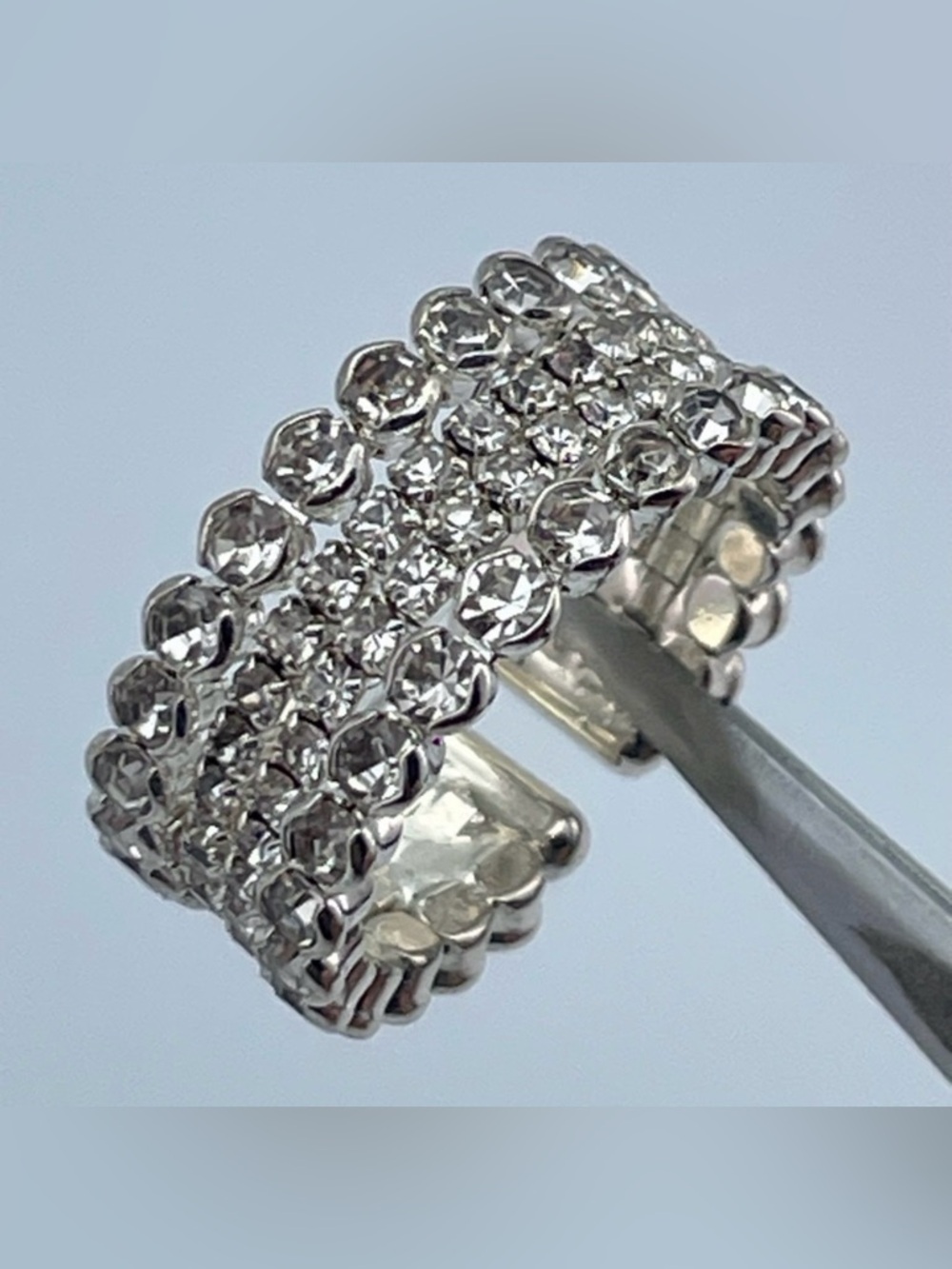 Silver Tone Rhinestone Stretch Band Ring – Multi-Row Sparkle